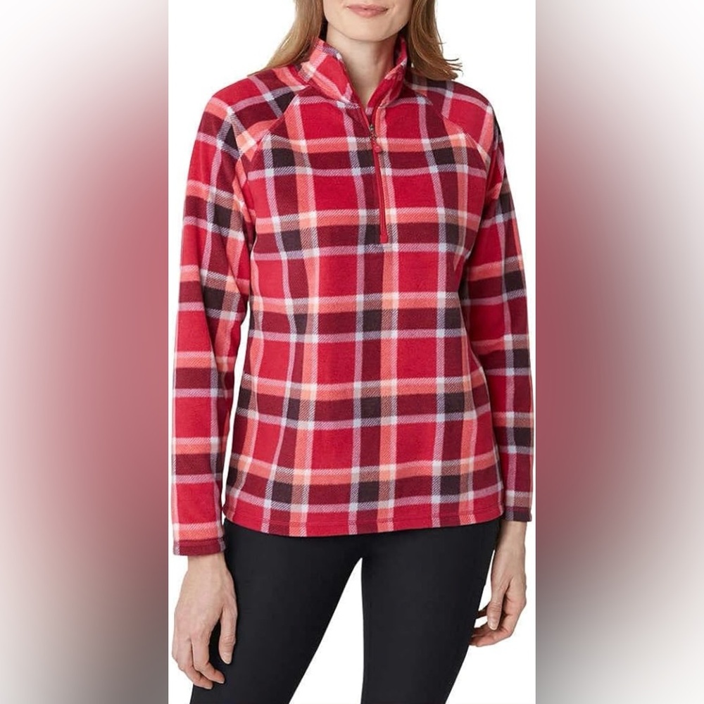 Eddie Bauer Pullover Jacket Womens Small Red Plaid Fleece 1/4 Zip Mock Neck